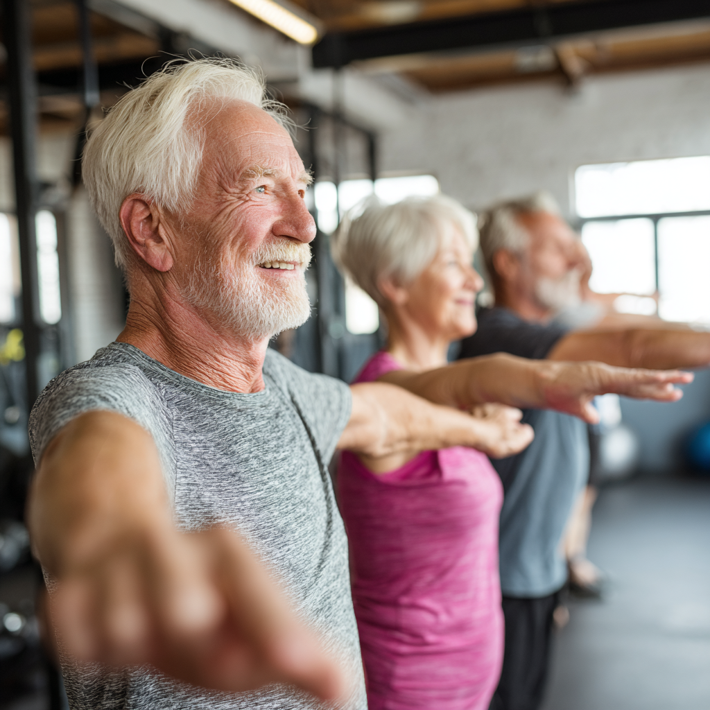 Група възрастни хора на 50-60 години правят функционални упражнения в просторна фитнес зала