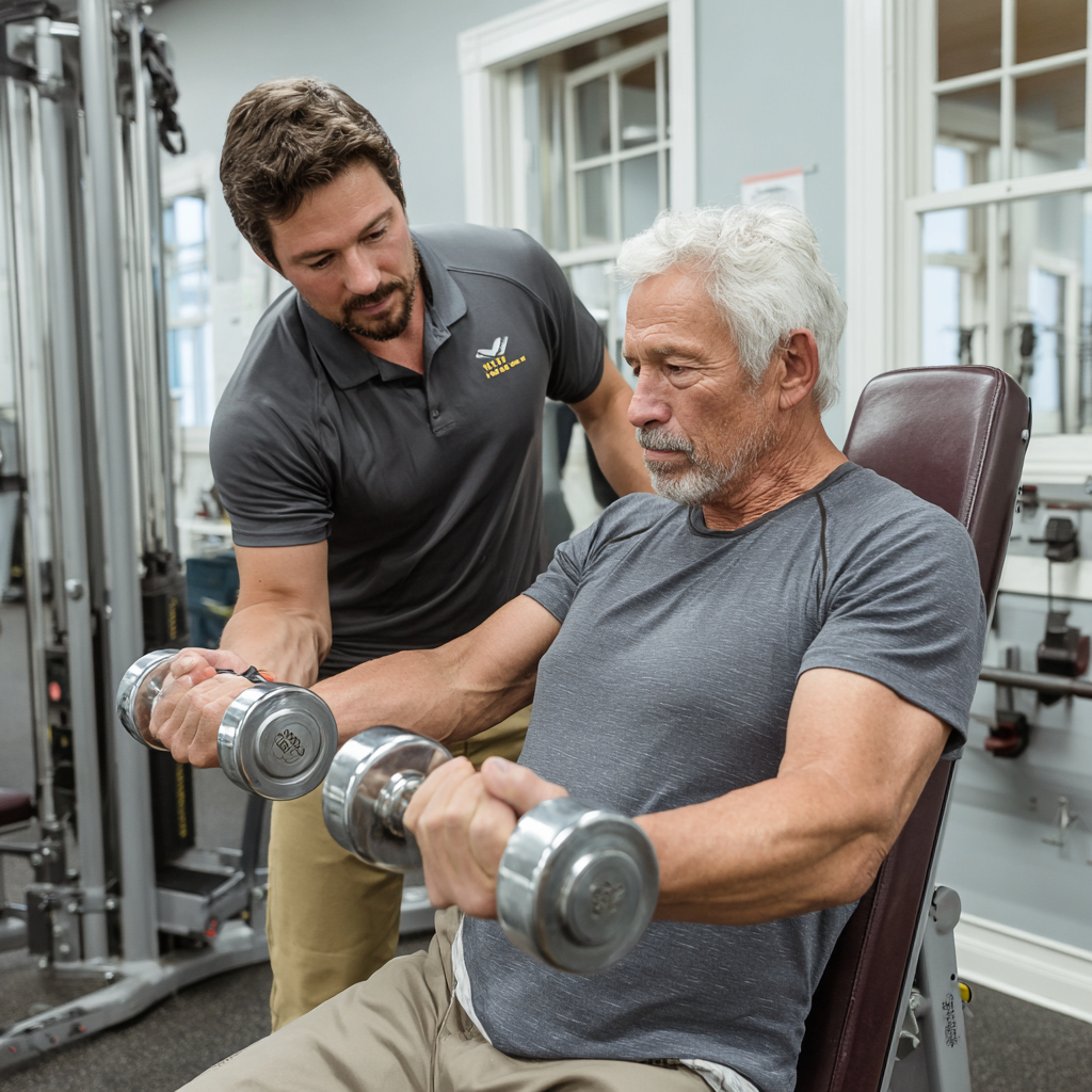 Персонален треньор работи с мъж на 58 години върху техниката на упражненията с лека тежест