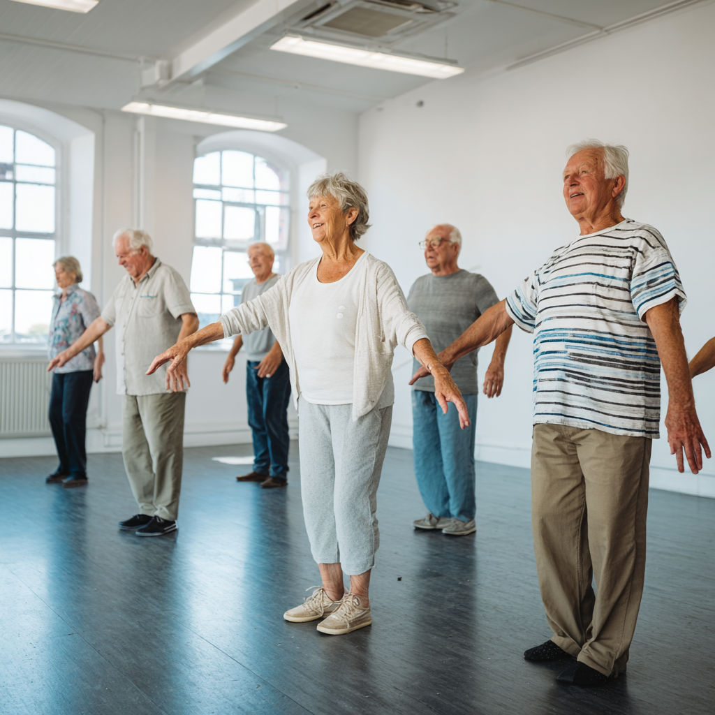 Малка група от 6 възрастни хора на 50-60 години правят упражнения за баланс и координация в светла зала