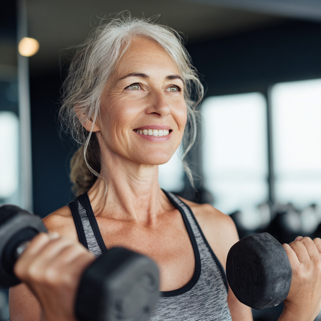 Усмихната жена на 55 години прави упражнения с дъмбели в модерна фитнес зала